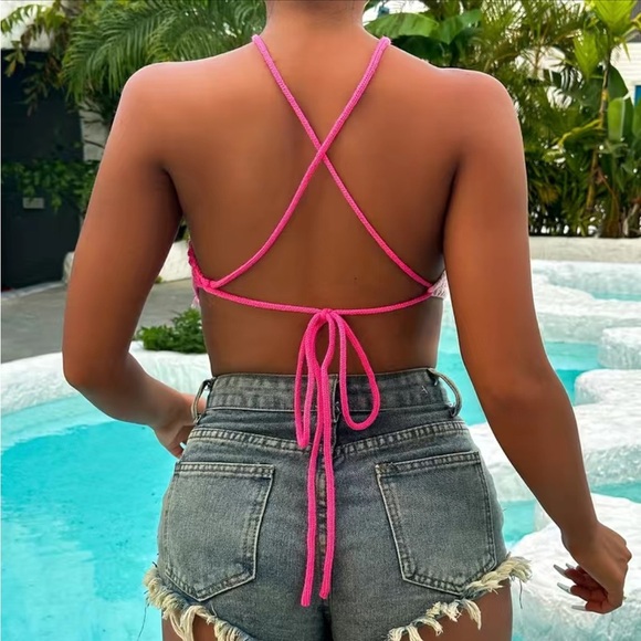 Barbie Pink Crochet Halter Top Open Back - Picture 3 of 3